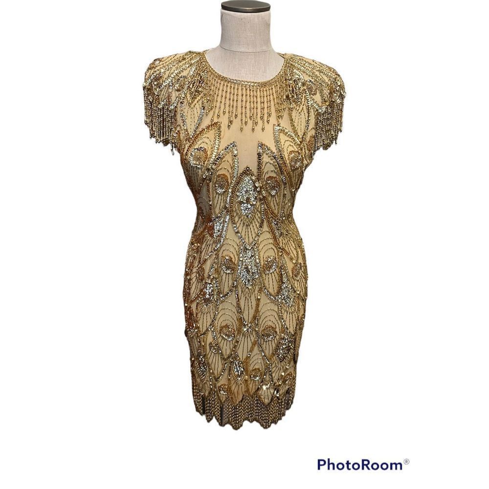 Vintage Hand Beaded Gatsby Dress Gold Art Deco Open Back Sequin Flapper Sz Small